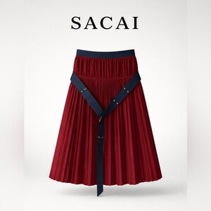 Sacai Womens Classic Pleated Belted Skirt in Bordeaux M Designer Statement Piece